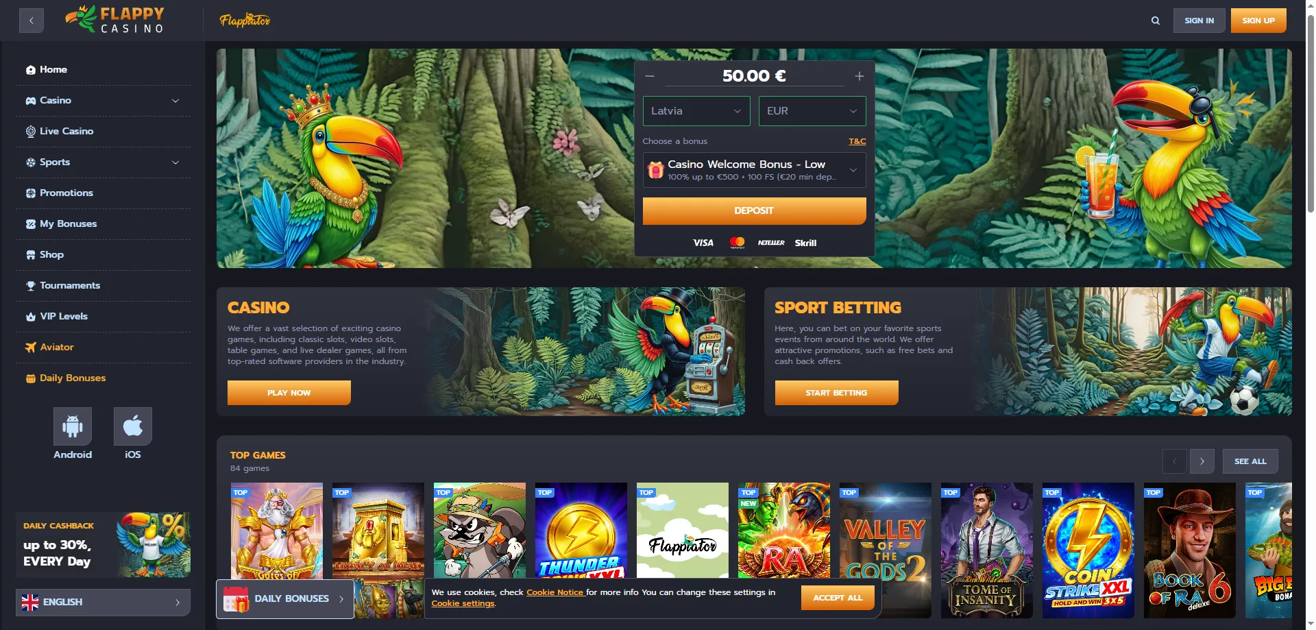 Flappy Casino pārskats — 11 000 spēles Latvijas spēlētājiem