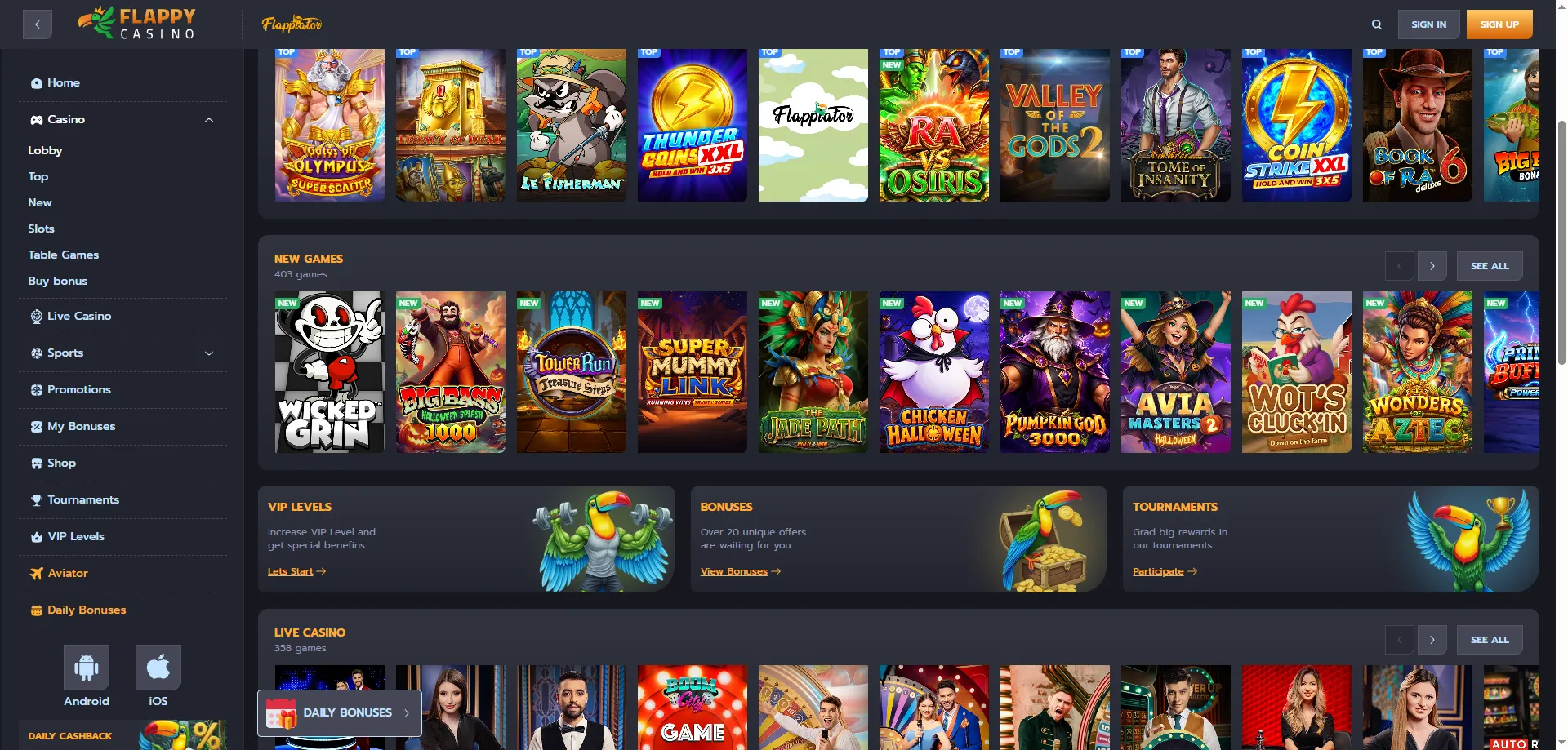 Flappy Casino lojalitātes punktu uzkrāšana slotu spēlēs