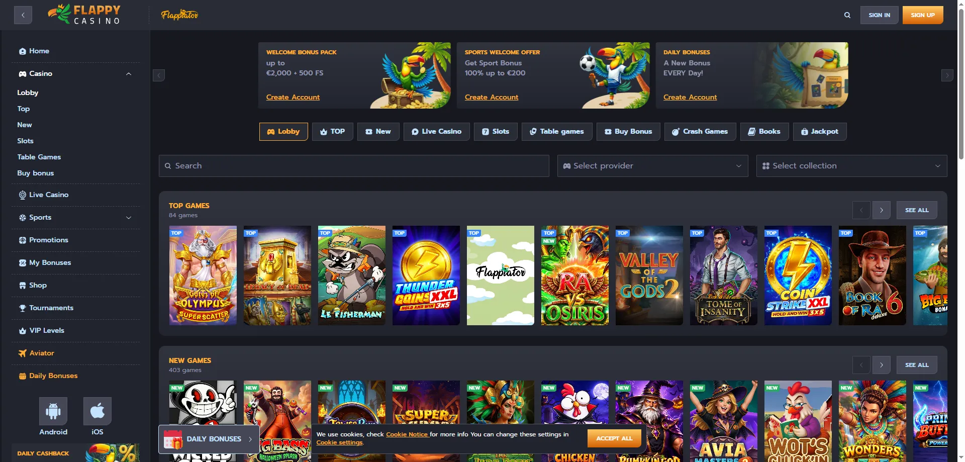 Flappy Casino slotu spēļu izvēle — vairāk nekā 11 000 nosaukumu