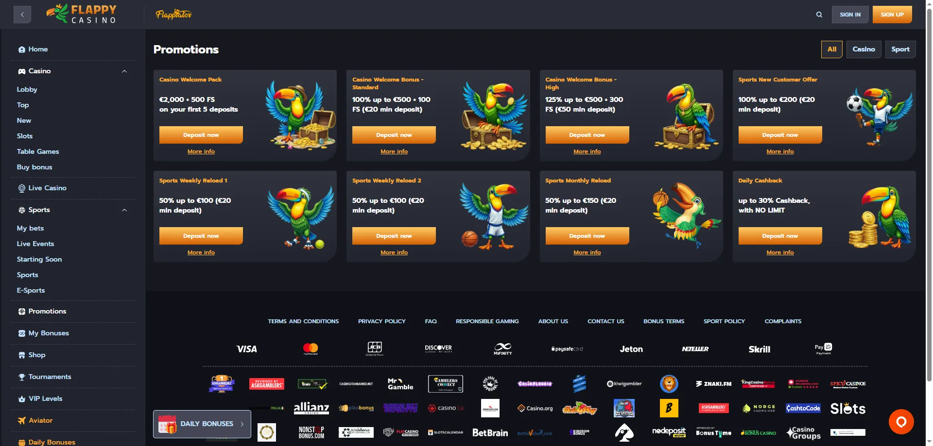 Flappy Casino welcome bonuss — 100% līdz €500 plus bezmaksas griezieni