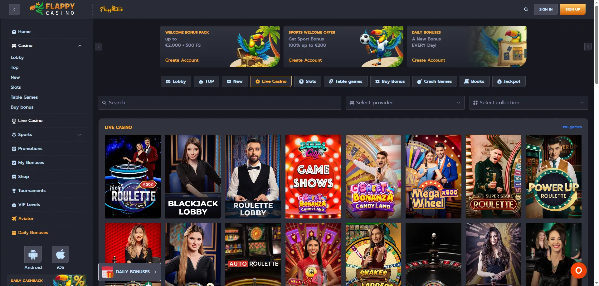 Flappy Casino galda spēles — rulete, blekdžeks un bakkara